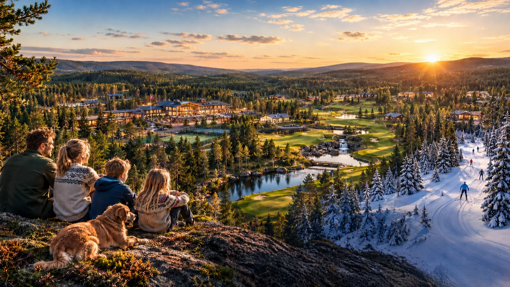 Konseptillustrasjon av golfbane og skoglandskap på Finnskogen i lavt kveldslys