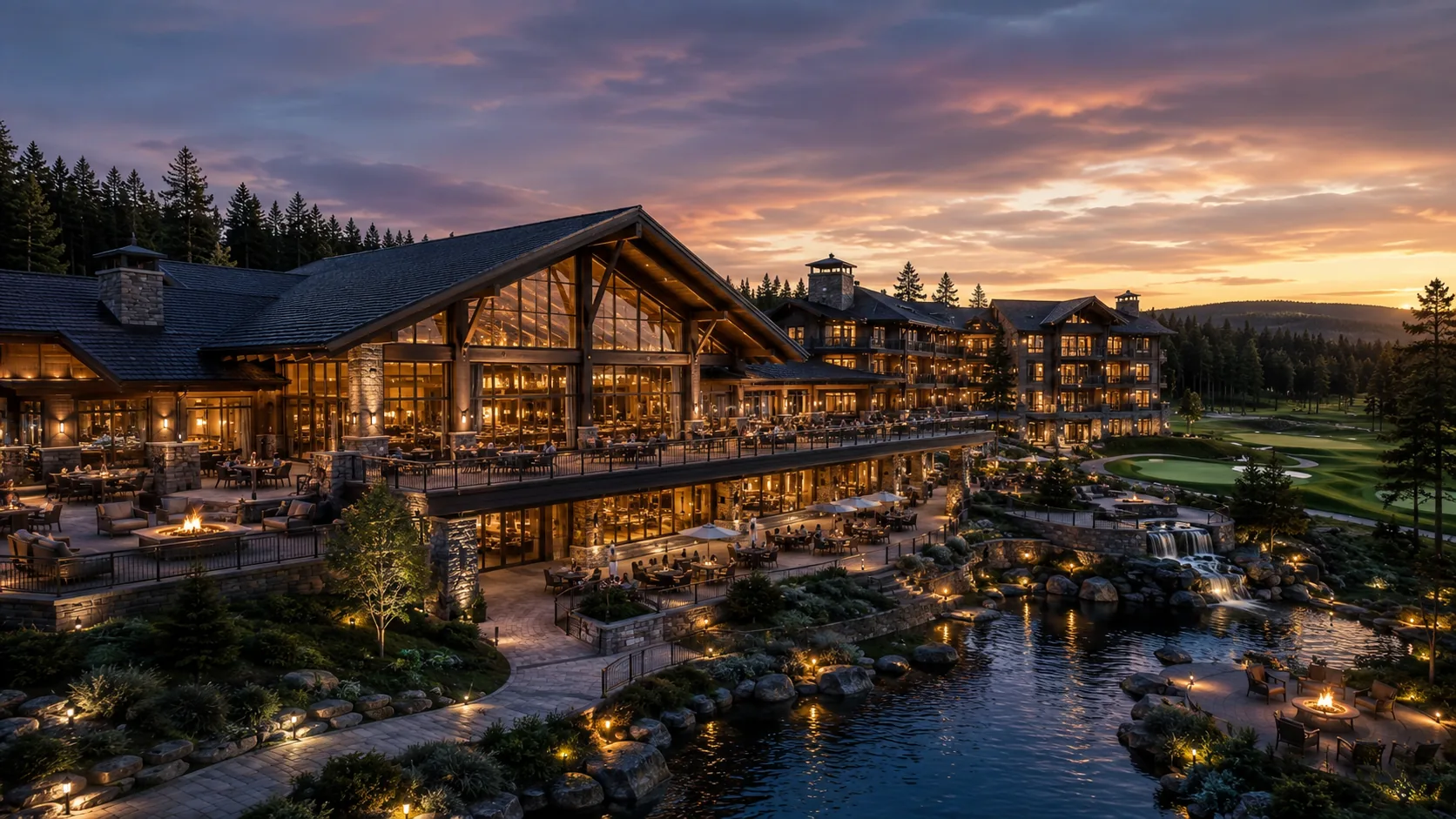 Konseptillustrasjon av Resort House med hotell, klubbhus og restaurantarealer
