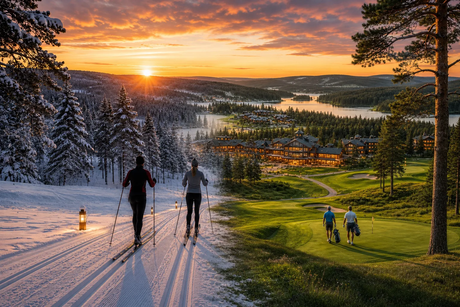 Konseptillustrasjon der langrennsløyper i snø møter grønne golfhull ved resortet i solnedgang